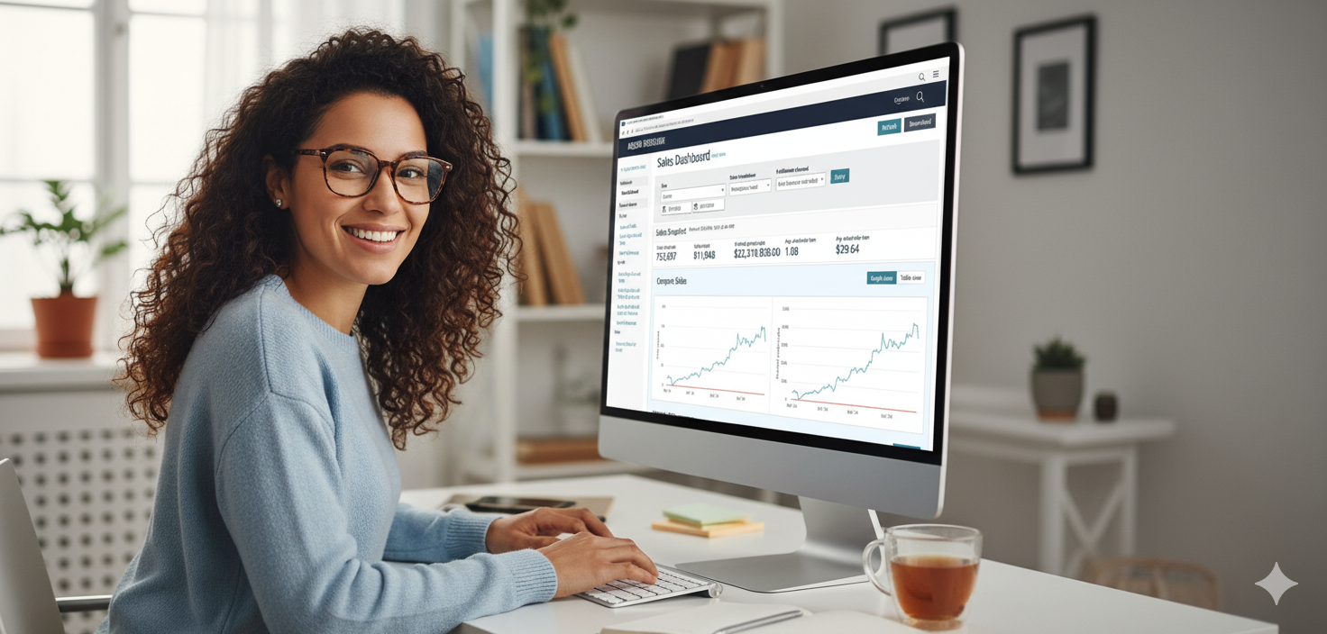 Consultant at computer with analytics